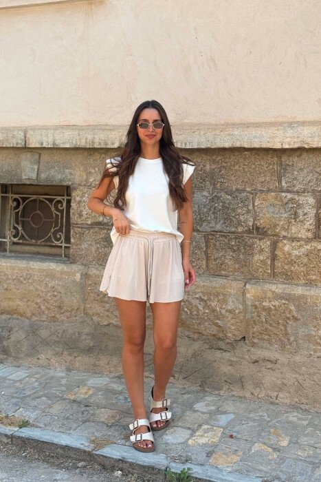 ONE COLOR ELASTIC WAIST WOMAN SHORTS CREAM/KREM - 4