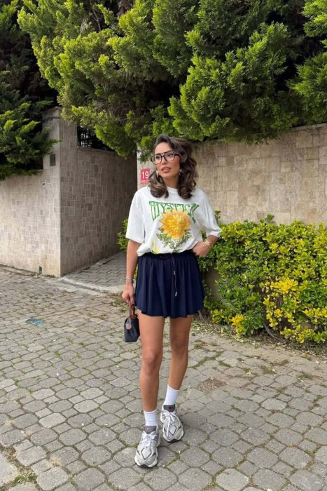 ONE COLOR ELASTIC WAIST WOMAN SHORTS DARK BLUE/BEE - 3