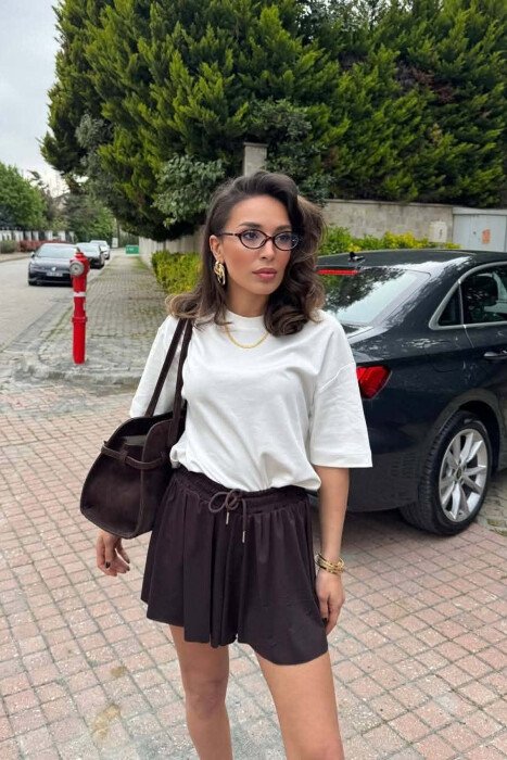 ONE COLOR ELASTIC WAIST WOMAN SHORTS DARK BROWN/KAE - 3