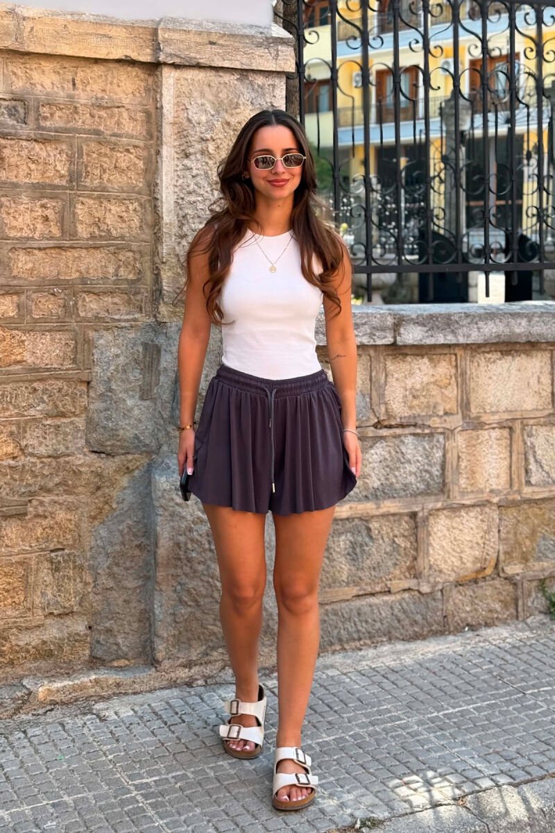 ONE COLOR ELASTIC WAIST WOMAN SHORTS DARK GREY/GEE - 1