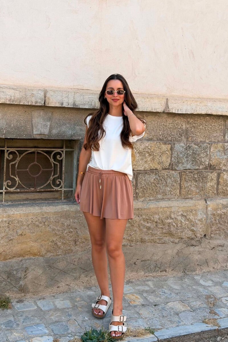 ONE COLOR ELASTIC WAIST WOMAN SHORTS LIGHT BROWN/KAZB - 1