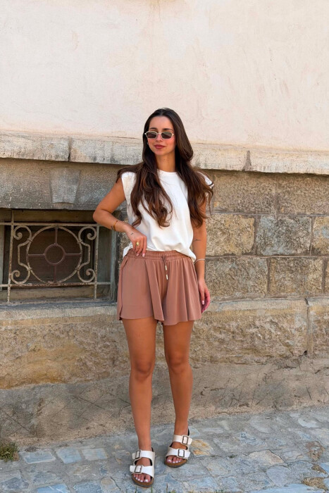 ONE COLOR ELASTIC WAIST WOMAN SHORTS LIGHT BROWN/KAZB - 2