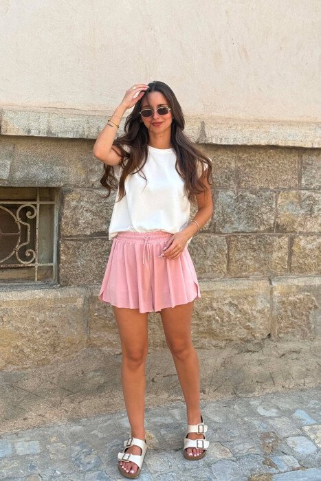 ONE COLOR ELASTIC WAIST WOMAN SHORTS POWDER/PUDER 