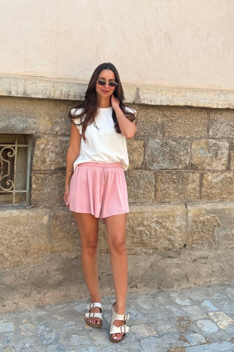 ONE COLOR ELASTIC WAIST WOMAN SHORTS POWDER/PUDER - 2