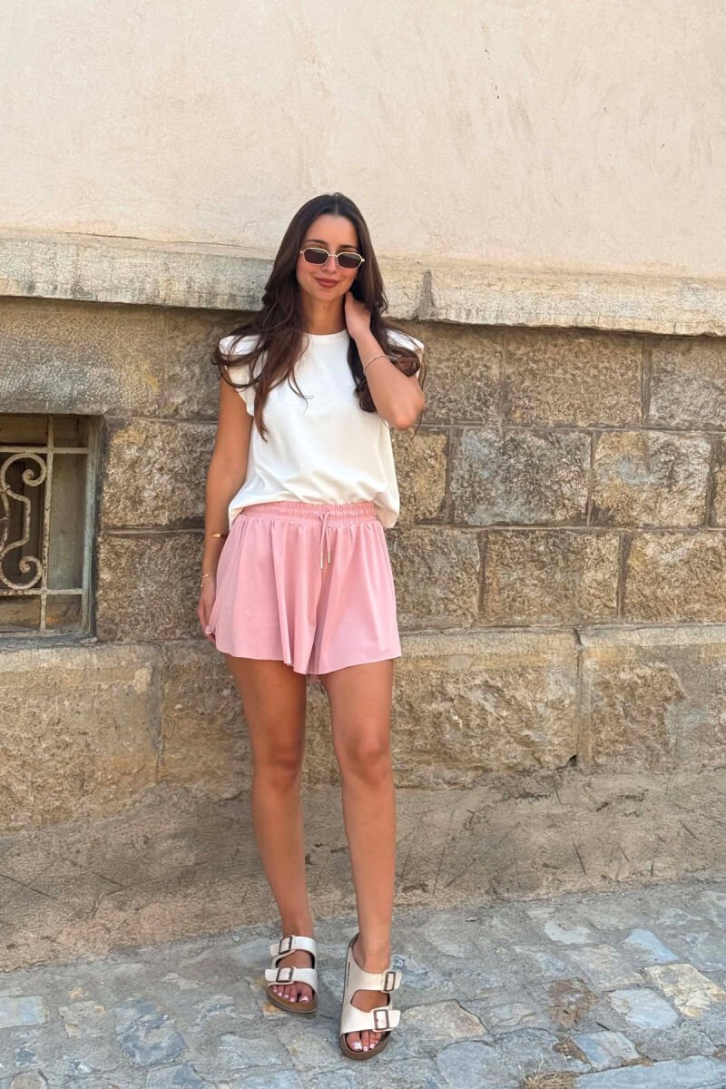 ONE COLOR ELASTIC WAIST WOMAN SHORTS POWDER/PUDER - 2
