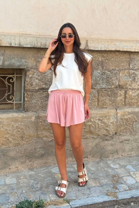 ONE COLOR ELASTIC WAIST WOMAN SHORTS POWDER/PUDER - 3