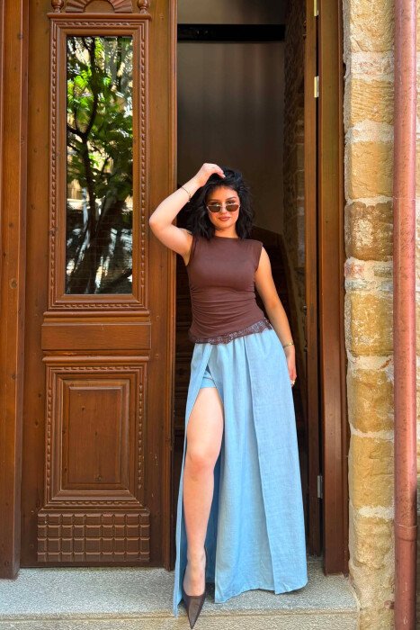 ONE COLOR ELASTIC WAIST WOMAN SKORTS LIGHTBLUE/BZ - 2