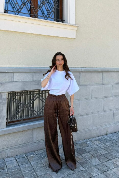 ONE COLOR ELASTIC WAIST WOMAN TROUSERS BROWN/KAFE - KLAUDIO FASHION