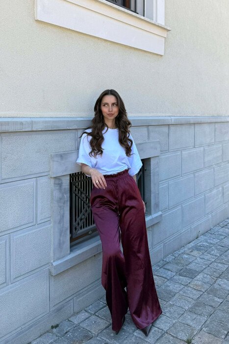 ONE COLOR ELASTIC WAIST WOMAN TROUSERS BURGUNDY/VISHNJE - KLAUDIO FASHION