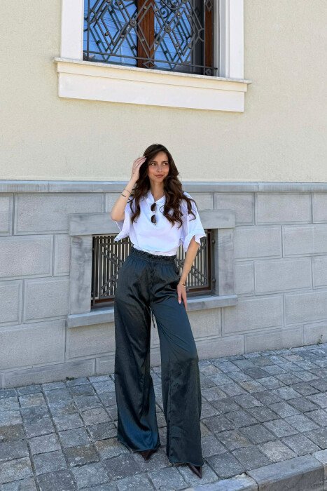 ONE COLOR ELASTIC WAIST WOMAN TROUSERS GREEN/JESHILE - KLAUDIO FASHION