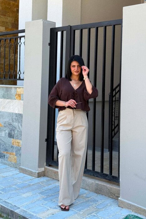 ONE COLOR ELASTIC WAIST WOMAN TROUSERS BEIGE/BEZHE - 