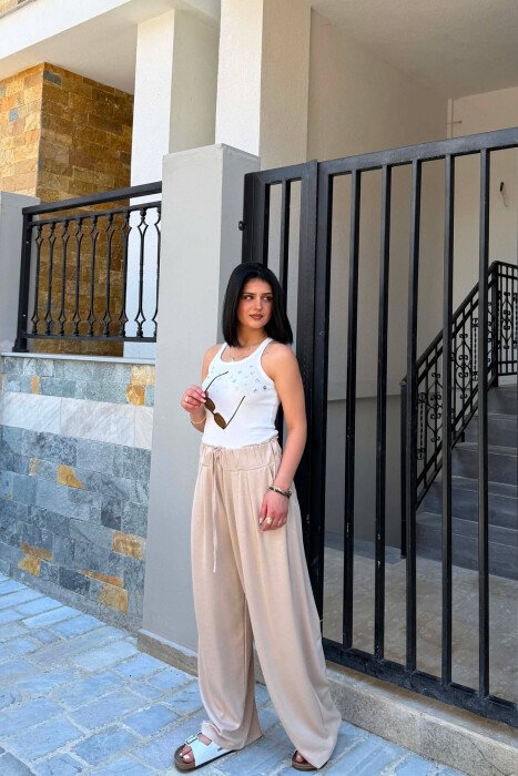 ONE COLOR ELASTIC WAIST WOMAN TROUSERS BEIGE/BEZHE - 2