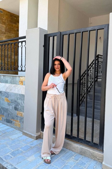 ONE COLOR ELASTIC WAIST WOMAN TROUSERS BEIGE/BEZHE - 3