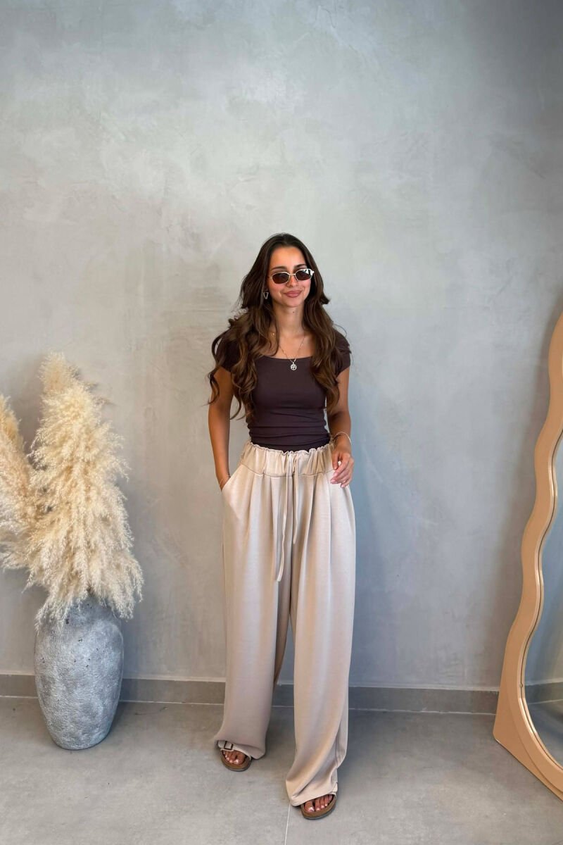 ONE COLOR ELASTIC WAIST WOMAN TROUSERS BEIGE/BEZHE - 1