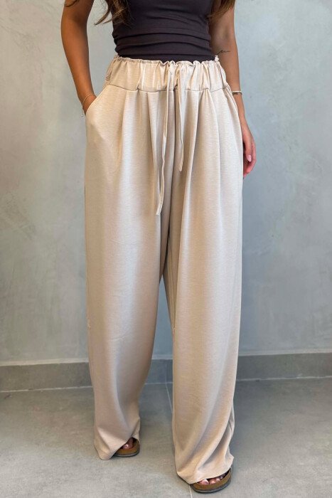 ONE COLOR ELASTIC WAIST WOMAN TROUSERS BEIGE/BEZHE - 5
