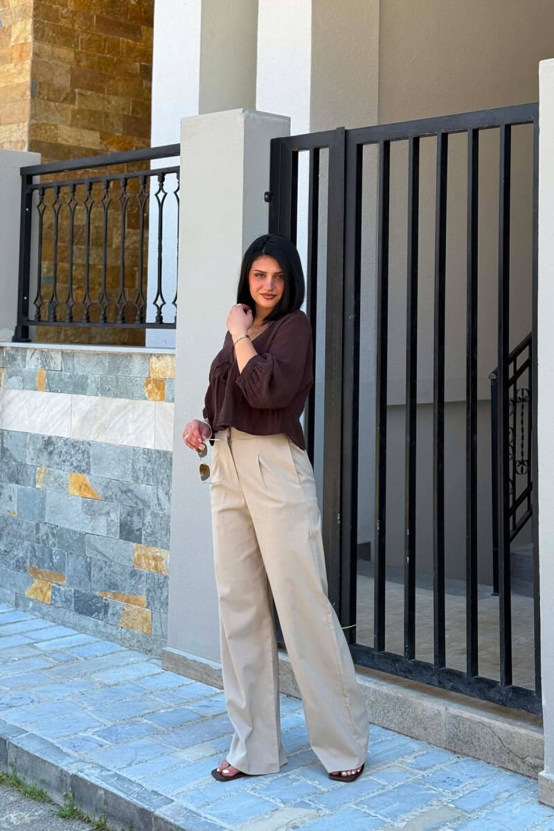 ONE COLOR ELASTIC WAIST WOMAN TROUSERS BEIGE/BEZHE - 3