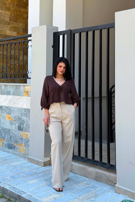ONE COLOR ELASTIC WAIST WOMAN TROUSERS BEIGE/BEZHE - 5