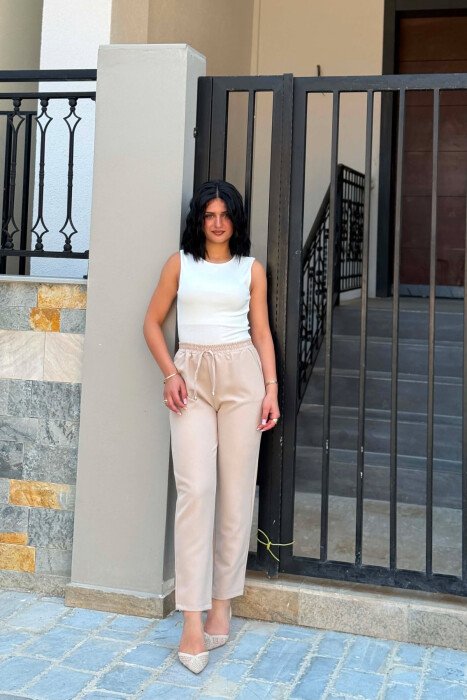 ONE COLOR ELASTIC WAIST WOMAN TROUSERS BEIGE/BEZHE - 1