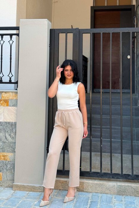 ONE COLOR ELASTIC WAIST WOMAN TROUSERS BEIGE/BEZHE - 5