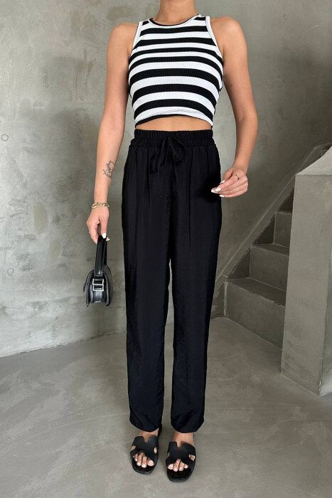 ONE COLOR ELASTIC WAIST WOMAN TROUSERS BLACK/ E ZEZE - KLAUDIO FASHION