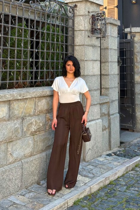 PANTALLONA NJE NGJYRESHE ME BEL ELASTIK PER FEMRA NE NGJYRE KAFE - KLAUDIO FASHION
