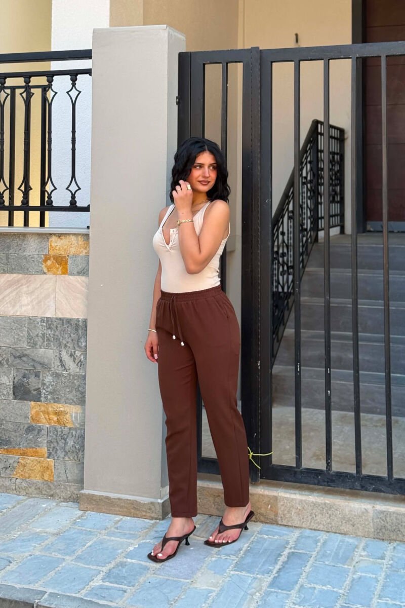ONE COLOR ELASTIC WAIST WOMAN TROUSERS BROWN/KAFE - 2
