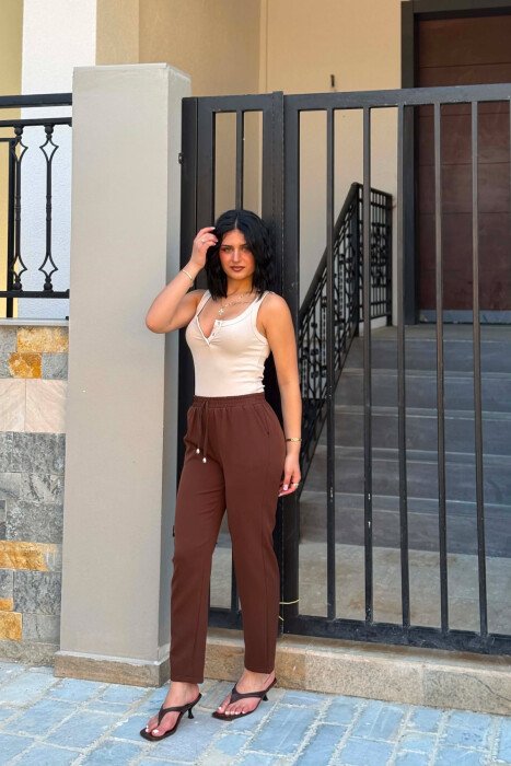 ONE COLOR ELASTIC WAIST WOMAN TROUSERS BROWN/KAFE - 3