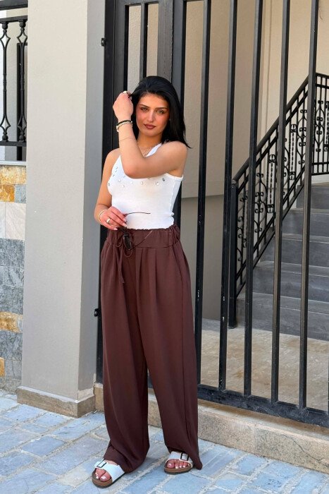 ONE COLOR ELASTIC WAIST WOMAN TROUSERS BROWN/KAFE - 5