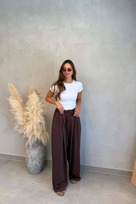 ONE COLOR ELASTIC WAIST WOMAN TROUSERS BROWN/KAFE - 2