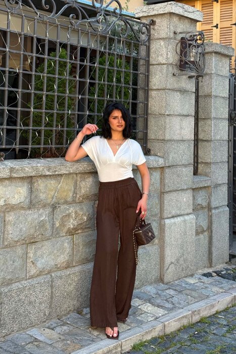 ONE COLOR ELASTIC WAIST WOMAN TROUSERS BROWN/KAFE - 2