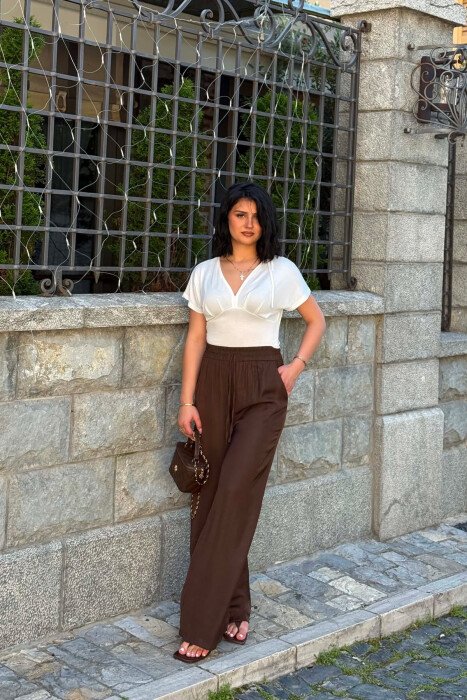 ONE COLOR ELASTIC WAIST WOMAN TROUSERS BROWN/KAFE - 3