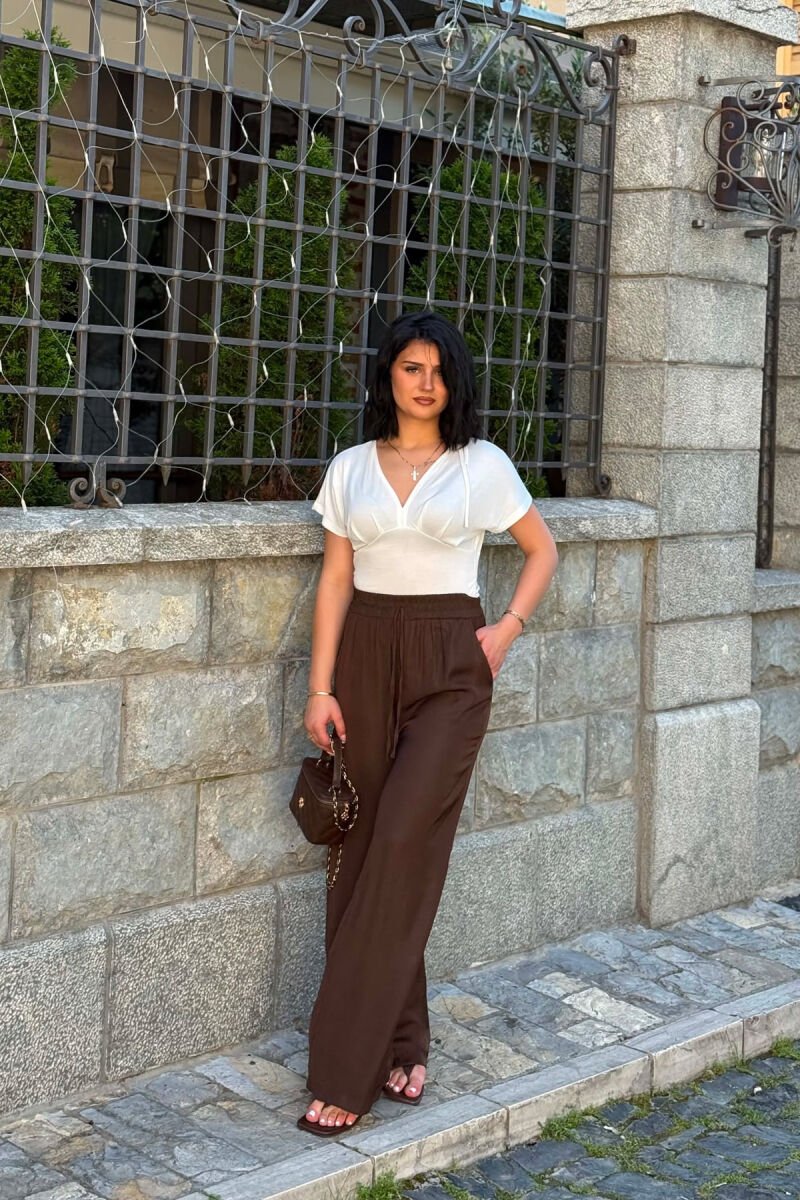 ONE COLOR ELASTIC WAIST WOMAN TROUSERS BROWN/KAFE - 3