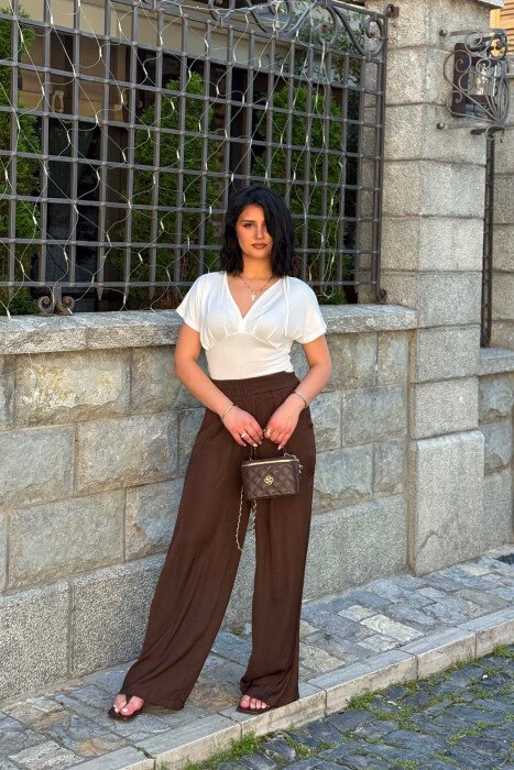 ONE COLOR ELASTIC WAIST WOMAN TROUSERS BROWN/KAFE - 4