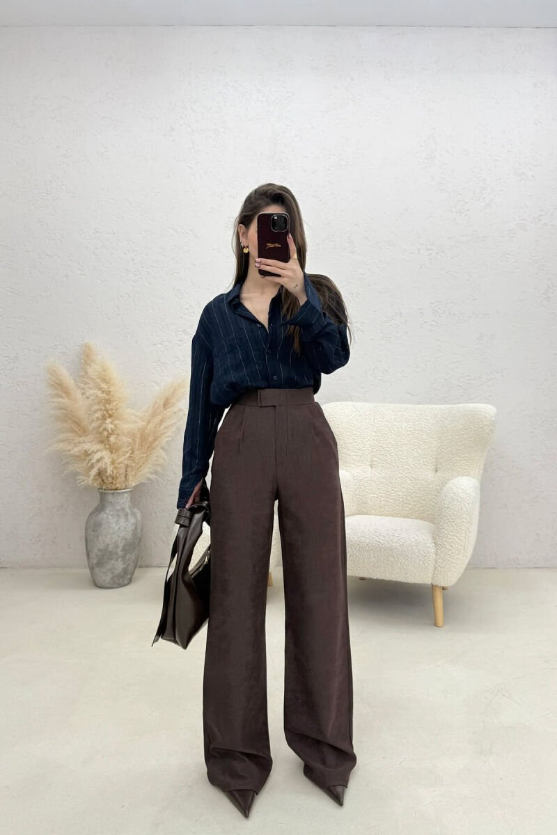 ONE COLOR ELASTIC WAIST WOMAN TROUSERS BROWN/KAFE - 1