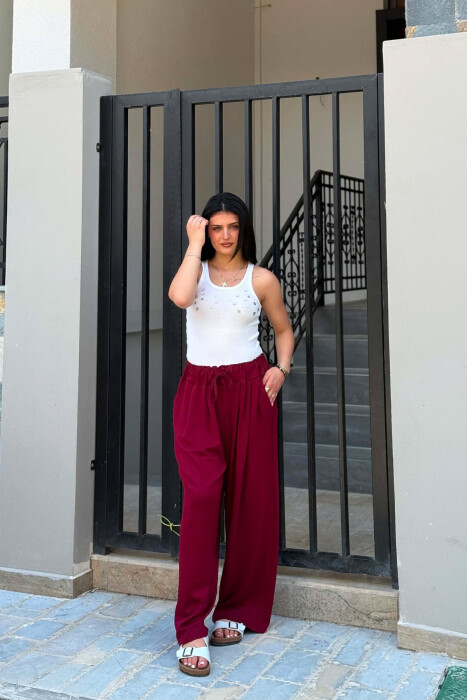 ONE COLOR ELASTIC WAIST WOMAN TROUSERS BURGUNDY/VISHNJE 