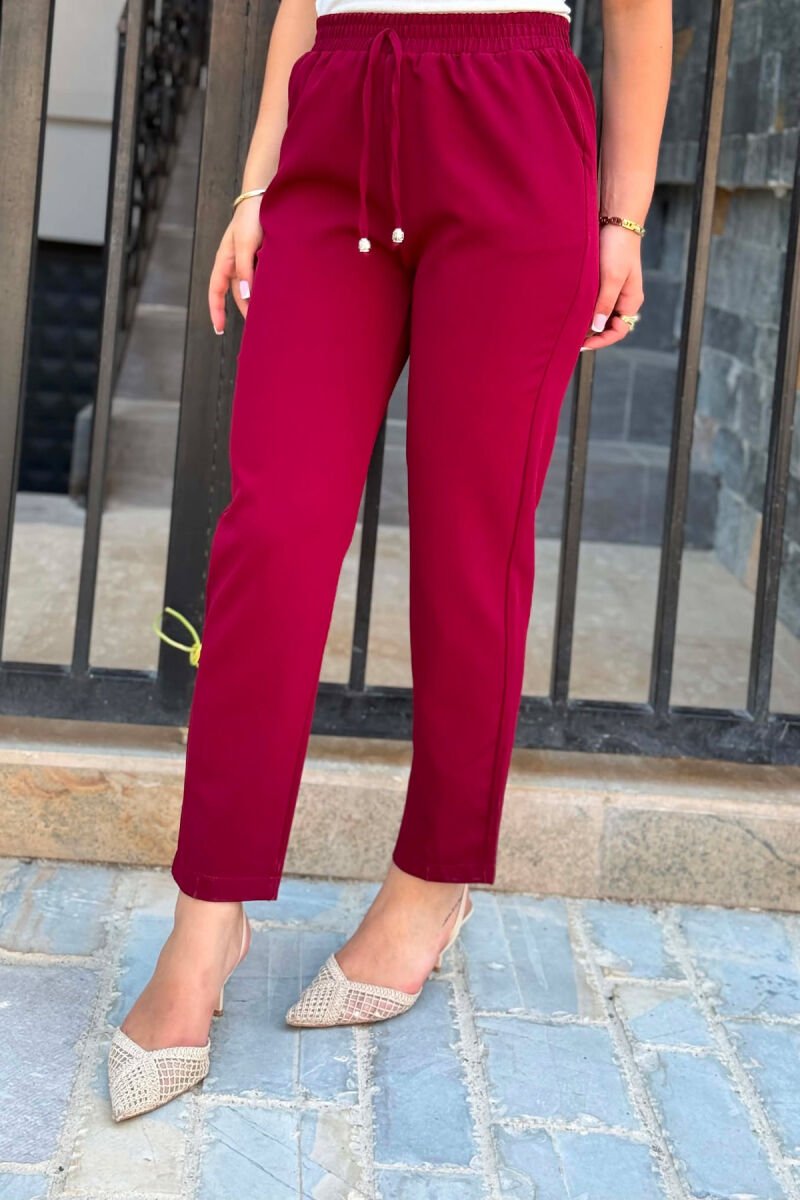 ONE COLOR ELASTIC WAIST WOMAN TROUSERS BURGUNDY/VISHNJE - 4