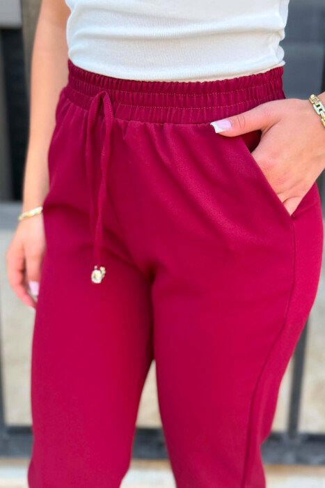 ONE COLOR ELASTIC WAIST WOMAN TROUSERS BURGUNDY/VISHNJE - 5