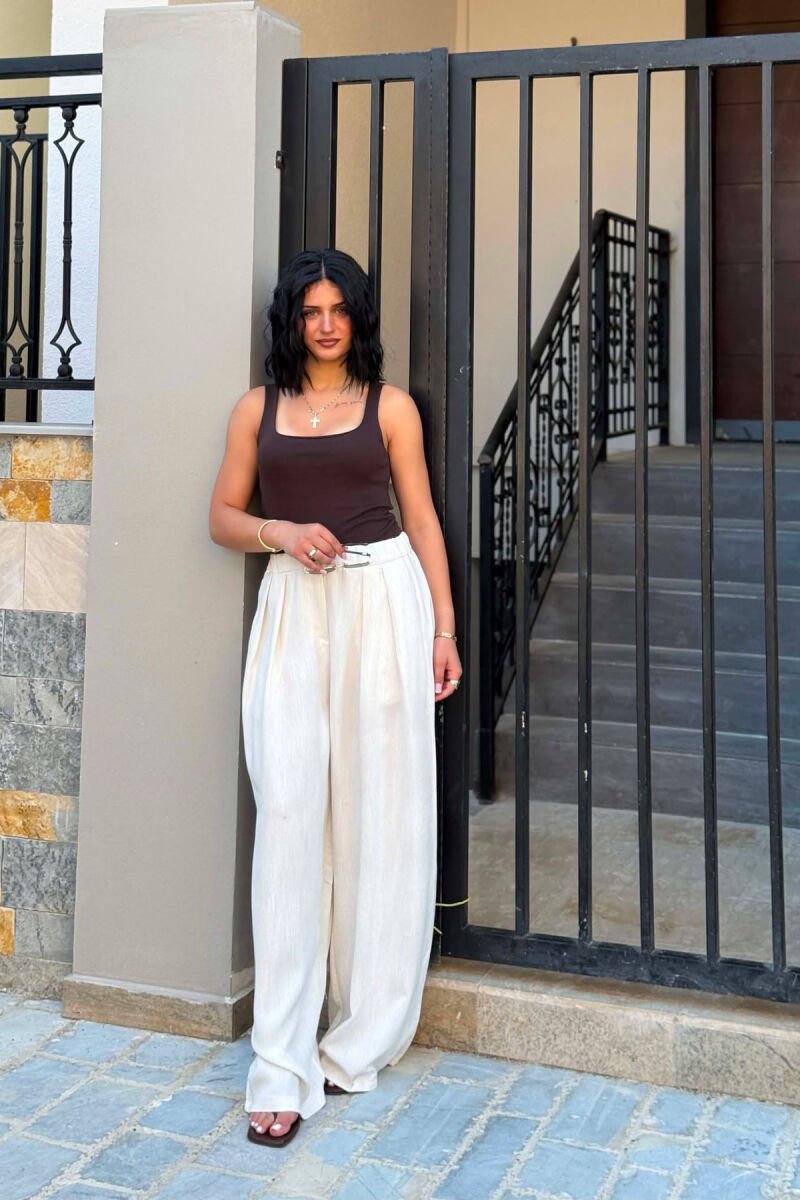 ONE COLOR ELASTIC WAIST WOMAN TROUSERS CREAM/KREM - 1