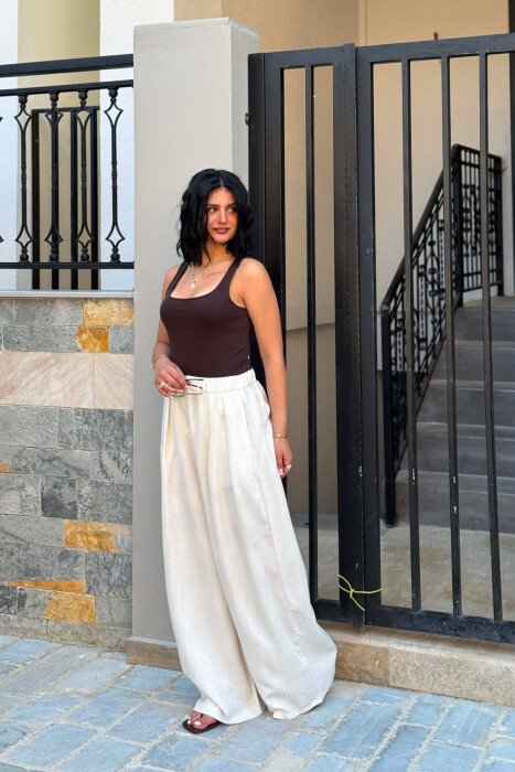 ONE COLOR ELASTIC WAIST WOMAN TROUSERS CREAM/KREM - 2