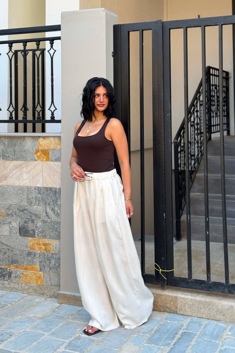 ONE COLOR ELASTIC WAIST WOMAN TROUSERS CREAM/KREM - 2