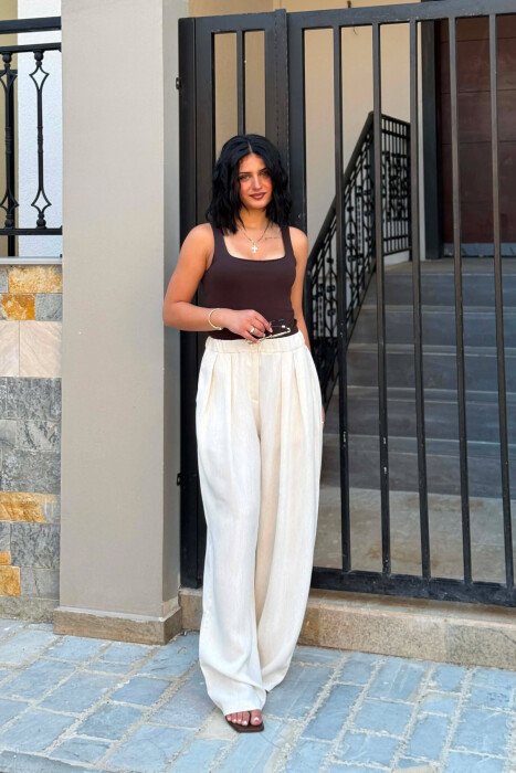 ONE COLOR ELASTIC WAIST WOMAN TROUSERS CREAM/KREM - 3