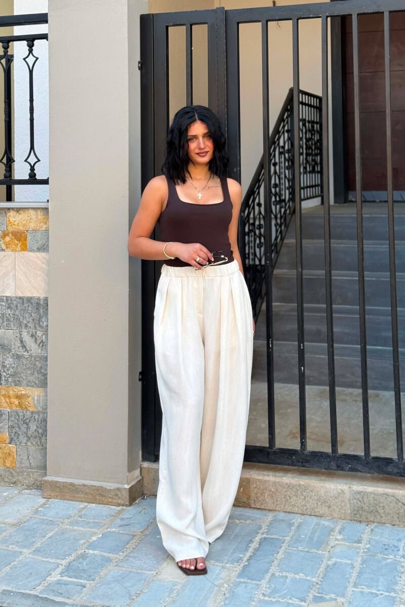 ONE COLOR ELASTIC WAIST WOMAN TROUSERS CREAM/KREM - 3