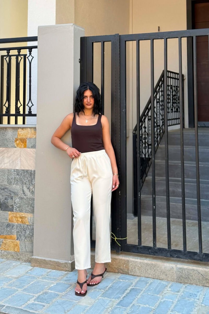 ONE COLOR ELASTIC WAIST WOMAN TROUSERS CREAM/KREM - 1