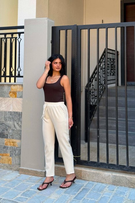 ONE COLOR ELASTIC WAIST WOMAN TROUSERS CREAM/KREM - 2