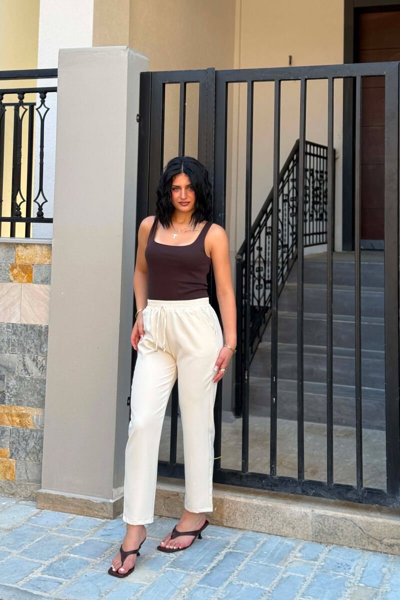 ONE COLOR ELASTIC WAIST WOMAN TROUSERS CREAM/KREM - 3