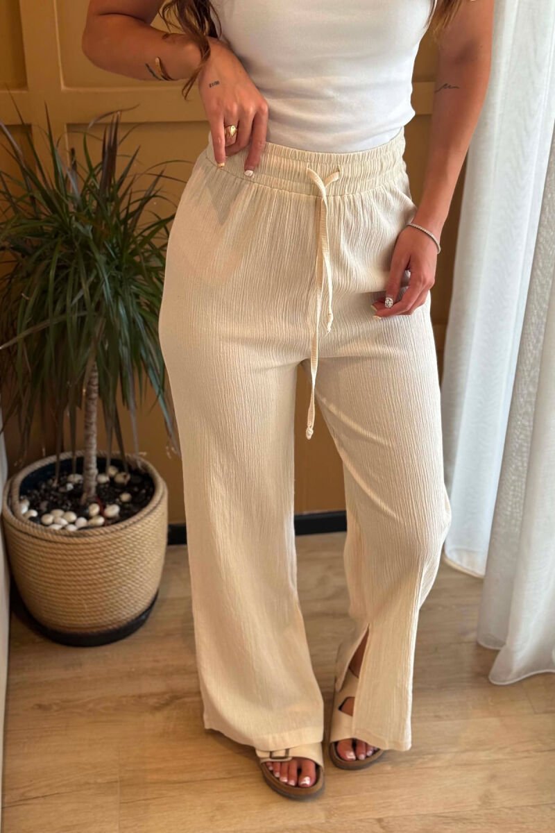 ONE COLOR ELASTIC WAIST WOMAN TROUSERS CREAM/KREM - 4