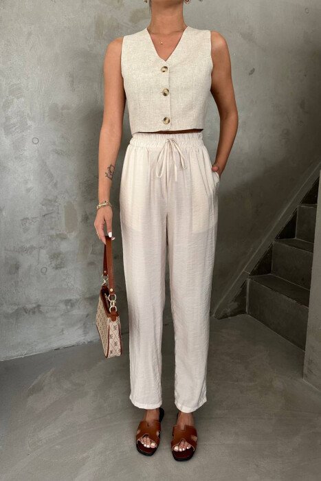 ONE COLOR ELASTIC WAIST WOMAN TROUSERS CREAM/KREM - 1
