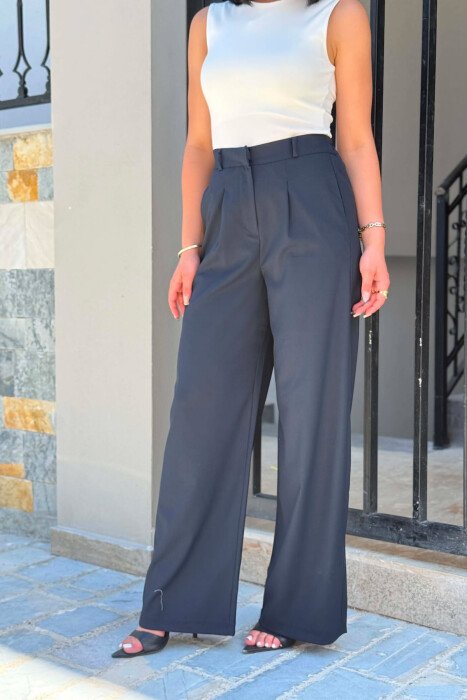 ONE COLOR ELASTIC WAIST WOMAN TROUSERS DARK BLUE/BEE - 4