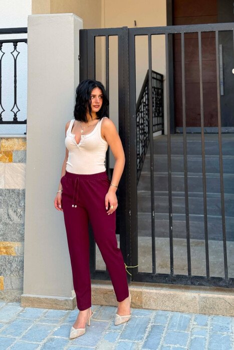 ONE COLOR ELASTIC WAIST WOMAN TROUSERS DARK BURGUNDY/VISHNJE E ERRET - 2