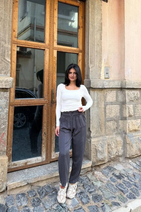 ONE COLOR ELASTIC WAIST WOMAN TROUSERS DARK GREY/GEE - KLAUDIO FASHION
